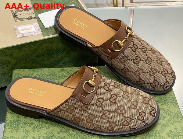 Gucci Mens GG Horsebit Slipper in Beige and Ebony Original GG Canvas 719749 Replica