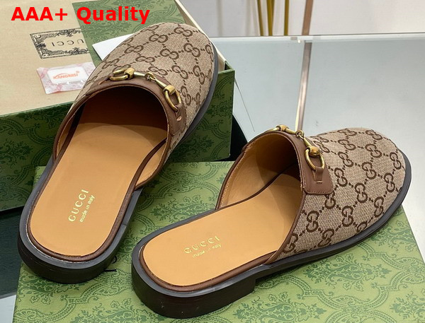 Gucci Mens GG Horsebit Slipper in Beige and Ebony Original GG Canvas 719749 Replica