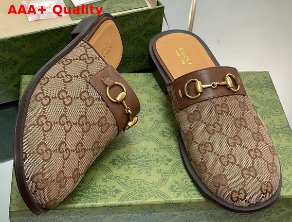 Gucci Mens GG Horsebit Slipper in Beige and Ebony Original GG Canvas 719749 Replica