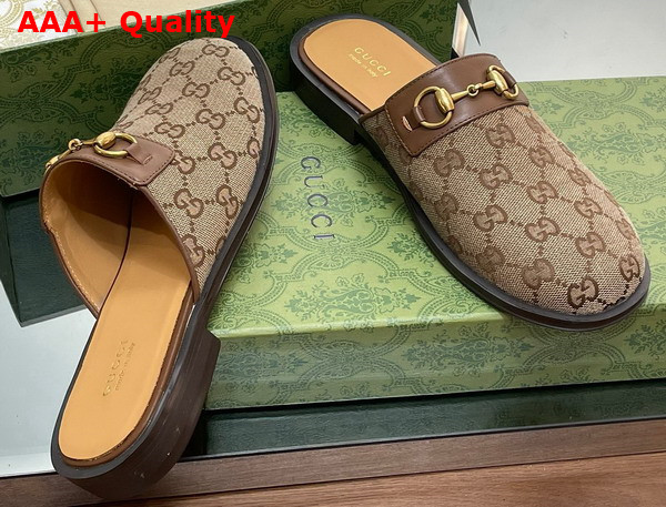 Gucci Mens GG Horsebit Slipper in Beige and Ebony Original GG Canvas 719749 Replica