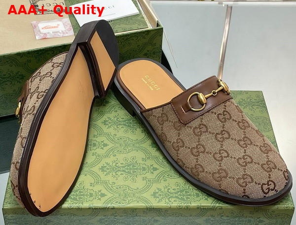 Gucci Mens GG Horsebit Slipper in Beige and Ebony Original GG Canvas 719749 Replica