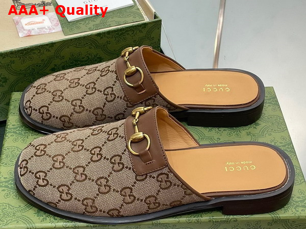 Gucci Mens GG Horsebit Slipper in Beige and Ebony Original GG Canvas 719749 Replica