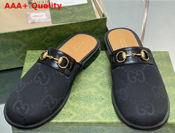 Gucci Mens GG Horsebit Slipper in Black Jumbo GG Canvas Replica