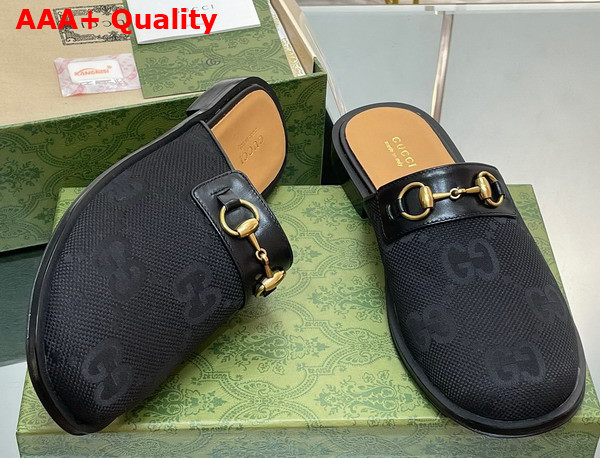 Gucci Mens GG Horsebit Slipper in Black Jumbo GG Canvas Replica