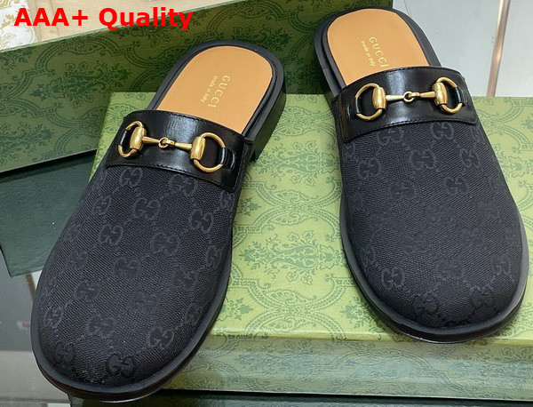 Gucci Mens GG Horsebit Slipper in Black Original GG Canvas 719749 Replica