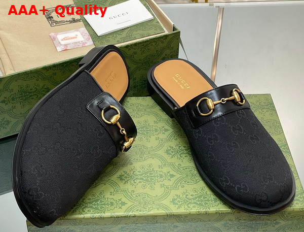 Gucci Mens GG Horsebit Slipper in Black Original GG Canvas 719749 Replica