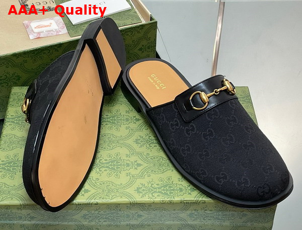 Gucci Mens GG Horsebit Slipper in Black Original GG Canvas 719749 Replica