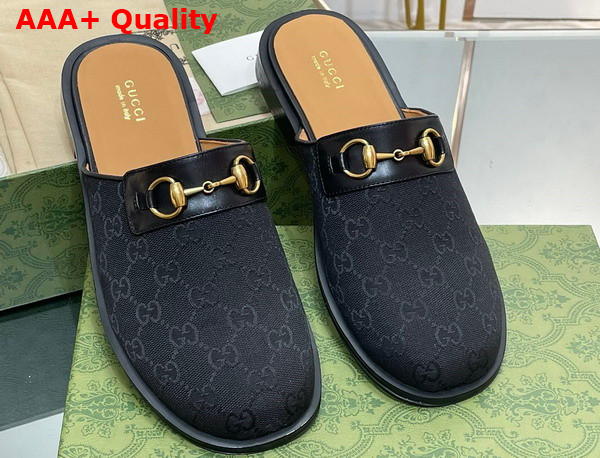 Gucci Mens GG Horsebit Slipper in Black Original GG Canvas 719749 Replica