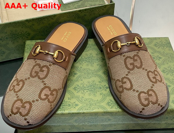 Gucci Mens GG Horsebit Slipper in Camel and Ebony Jumbo GG Canvas Replica