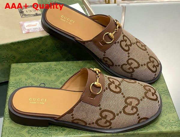 Gucci Mens GG Horsebit Slipper in Camel and Ebony Jumbo GG Canvas Replica