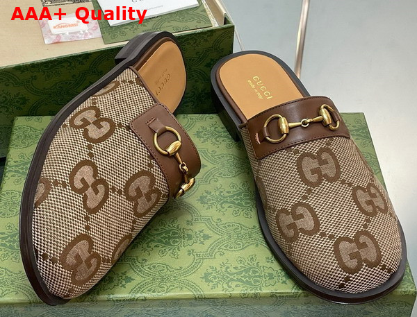 Gucci Mens GG Horsebit Slipper in Camel and Ebony Jumbo GG Canvas Replica