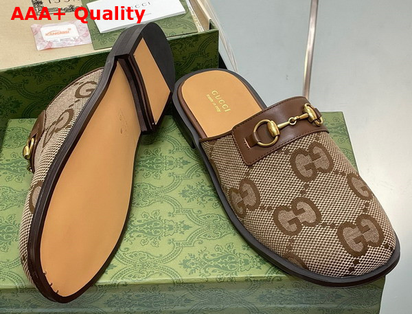 Gucci Mens GG Horsebit Slipper in Camel and Ebony Jumbo GG Canvas Replica