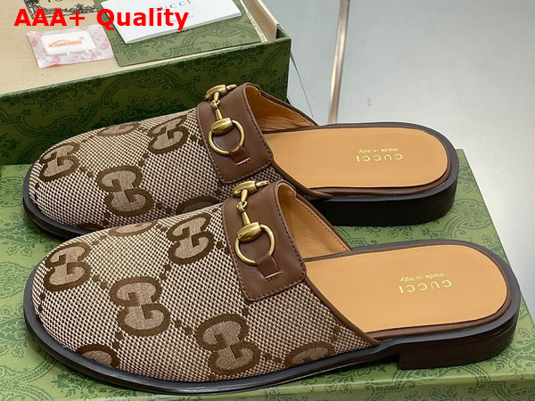 Gucci Mens GG Horsebit Slipper in Camel and Ebony Jumbo GG Canvas Replica