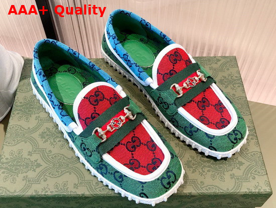 Gucci Mens GG Multicolor Driver Shoes Horsebit Detail Green and Blue GG Canvas 663661 Replica