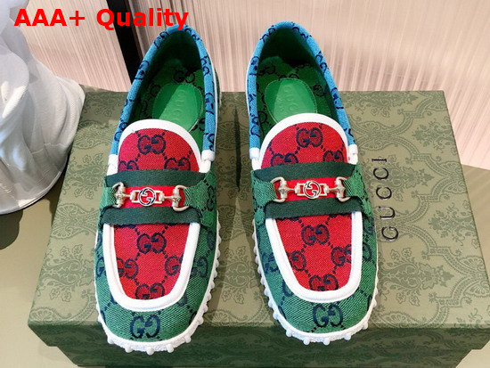 Gucci Mens GG Multicolor Driver Shoes Horsebit Detail Green and Blue GG Canvas 663661 Replica