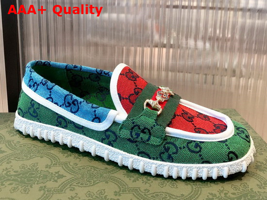 Gucci Mens GG Multicolor Driver Shoes Horsebit Detail Green and Blue GG Canvas 663661 Replica