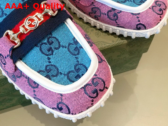 Gucci Mens GG Multicolor Driver Shoes Horsebit Detail Pink and Blue GG Canvas 663661 Replica