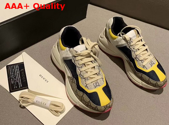 Gucci Mens GG Rhyton Sneaker Beige Ebony Original GG Canvas and White Blue Mini GG Jacquard Fabric 619891 Replica