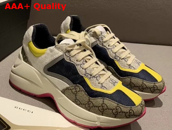 Gucci Mens GG Rhyton Sneaker Beige Ebony Original GG Canvas and White Blue Mini GG Jacquard Fabric 619891 Replica