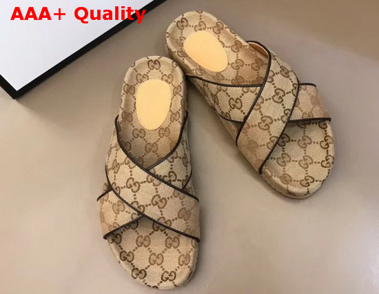 Gucci Mens GG Slide Sandal Beige and Ebony Original GG Canvas 624697 Replica