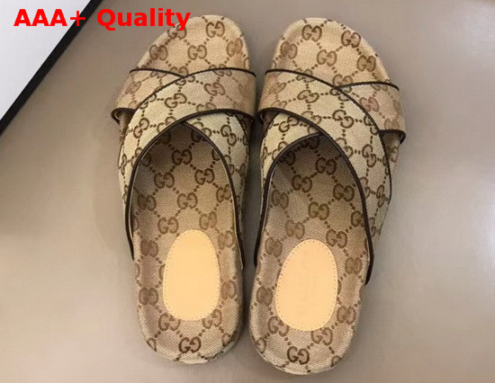 Gucci Mens GG Slide Sandal Beige and Ebony Original GG Canvas 624697 Replica