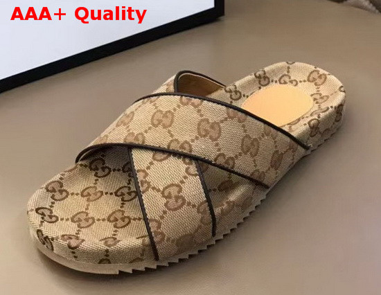 Gucci Mens GG Slide Sandal Beige and Ebony Original GG Canvas 624697 Replica