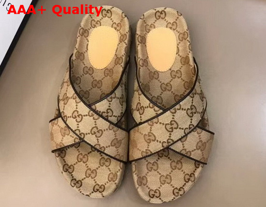 Gucci Mens GG Slide Sandal Beige and Ebony Original GG Canvas 624697 Replica