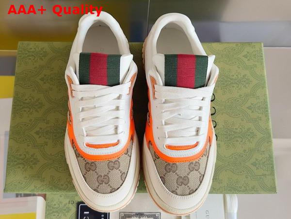 Gucci Mens Gucci Re Web Sneaker in Beige and Ebony Original GG Canvas with Bright Orange Leather Trim 787476 Replica