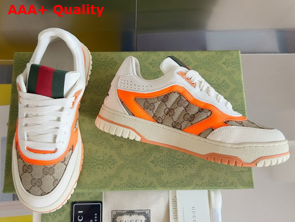 Gucci Mens Gucci Re Web Sneaker in Beige and Ebony Original GG Canvas with Bright Orange Leather Trim 787476 Replica