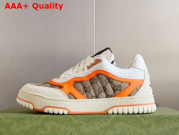 Gucci Mens Gucci Re Web Sneaker in Beige and Ebony Original GG Canvas with Bright Orange Leather Trim 787476 Replica