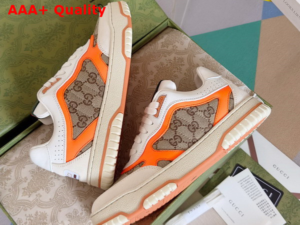 Gucci Mens Gucci Re Web Sneaker in Beige and Ebony Original GG Canvas with Bright Orange Leather Trim 787476 Replica