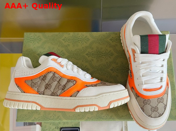 Gucci Mens Gucci Re Web Sneaker in Beige and Ebony Original GG Canvas with Bright Orange Leather Trim 787476 Replica