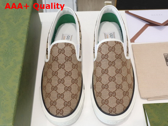 Gucci Mens Gucci Tennis 1977 Slip On Sneaker Beige and Ebony GG Canvas 643489 Replica