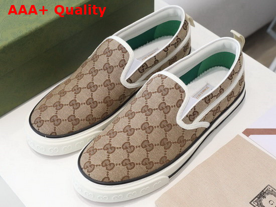 Gucci Mens Gucci Tennis 1977 Slip On Sneaker Beige and Ebony GG Canvas 643489 Replica