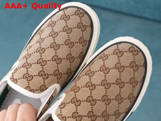 Gucci Mens Gucci Tennis 1977 Slip On Sneaker Beige and Ebony GG Canvas 643489 Replica