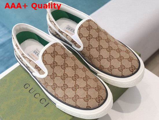 Gucci Mens Gucci Tennis 1977 Slip On Sneaker Beige and Ebony GG Canvas 643489 Replica