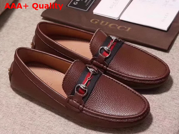 Gucci Mens Horsebit Leather Driver Brown Grained Calf Leather with Web Detail Replica