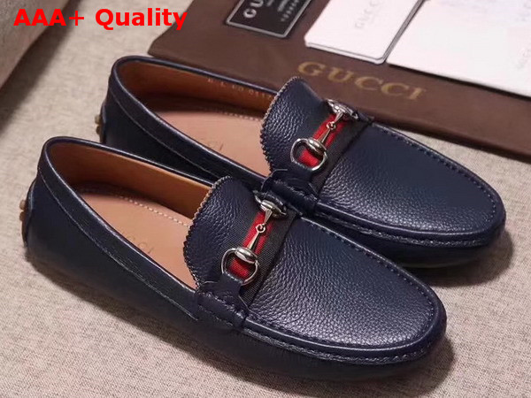 Gucci Mens Horsebit Leather Driver Dark Blue Leather with Web Detail Replica