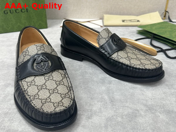 Gucci Mens Interlocking G Loafer in Beige and Ebony GG Supreme Canvas with Black Leather 738470 Replica