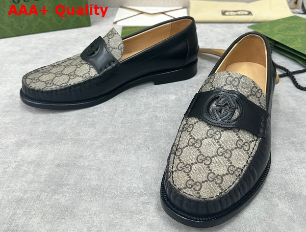 Gucci Mens Interlocking G Loafer in Beige and Ebony GG Supreme Canvas with Black Leather 738470 Replica