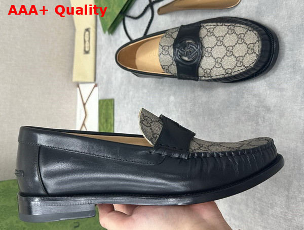 Gucci Mens Interlocking G Loafer in Beige and Ebony GG Supreme Canvas with Black Leather 738470 Replica