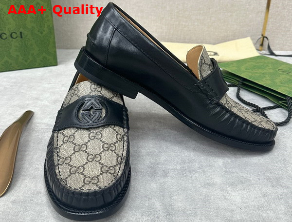 Gucci Mens Interlocking G Loafer in Beige and Ebony GG Supreme Canvas with Black Leather 738470 Replica