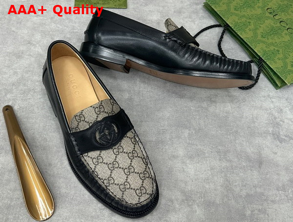 Gucci Mens Interlocking G Loafer in Beige and Ebony GG Supreme Canvas with Black Leather 738470 Replica