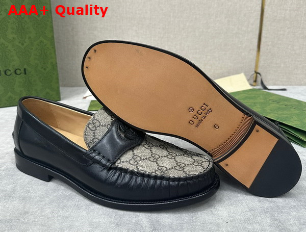 Gucci Mens Interlocking G Loafer in Beige and Ebony GG Supreme Canvas with Black Leather 738470 Replica