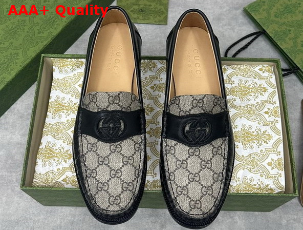 Gucci Mens Interlocking G Loafer in Beige and Ebony GG Supreme Canvas with Black Leather 738470 Replica