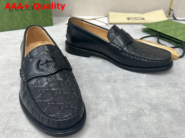 Gucci Mens Interlocking G Loafer in Black GG Leather and Smooth Leather 738470 Replica