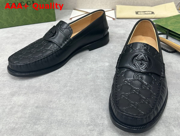 Gucci Mens Interlocking G Loafer in Black GG Leather and Smooth Leather 738470 Replica