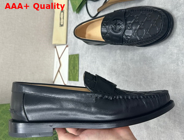 Gucci Mens Interlocking G Loafer in Black GG Leather and Smooth Leather 738470 Replica