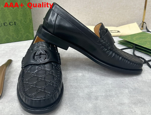 Gucci Mens Interlocking G Loafer in Black GG Leather and Smooth Leather 738470 Replica