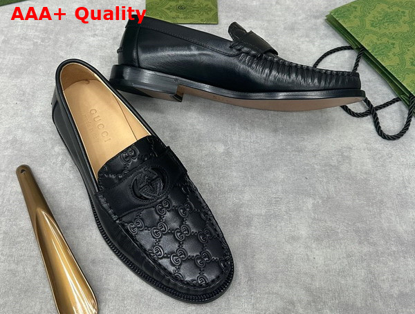 Gucci Mens Interlocking G Loafer in Black GG Leather and Smooth Leather 738470 Replica